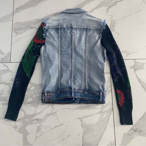Desigual Denim Jacket Sz 34 Women Embellished Sequin Floral Knit Sleeves - Picture 2 of 11
